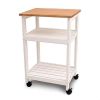 White Kitchen Microwave Cart with Butcher Block Top & Locking Casters