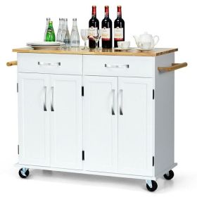 Wood Top Rolling Kitchen Trolley Island Cart Storage Cabinet-White - Color: White