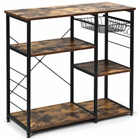 Industrial Kitchen Baker's Rack Microwave Shelf with 6 Hooks - Color: Rustic Brown