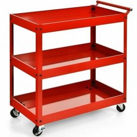 3-Tier Utility Cart Metal Mental Storage Service Trolley-Red - Color: Red