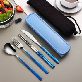 304 Dinnerware Set Flatware Kitchen Accessories Camping Travel Sets Gold Knife Fork Spoon Portable Cutlery Sets With Case (Option: Silver blue)