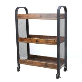 3 Tier Wood and Metal Kitchen Cart with Mesh Side Panel; Brown and Black (Color: as Pic)