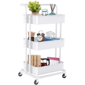 3-Tier Metal Rolling Cart Utility Cart Storage Cart with Lockable Wheels for Kitchen Bathroom Office(White) (Color: White)