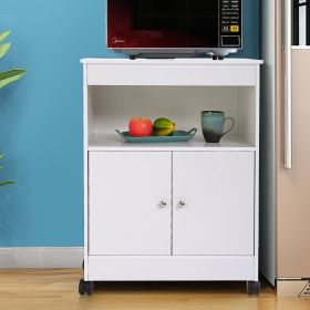 Wood Kitchen Microwave Cabinet Cart with 4 Universal Wheels and Roomy Inner Space for Home Use, White (Color: White)