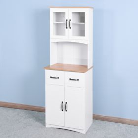 Wooden Kitchen Cabinet White Pantry Room Storage Microwave Cabinet with Framed Glass Doors and Drawer (Color: White)